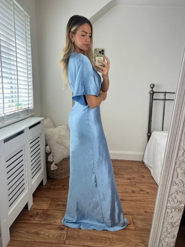 Angel Sleeve Maxi Satin Dress / Slate Blue