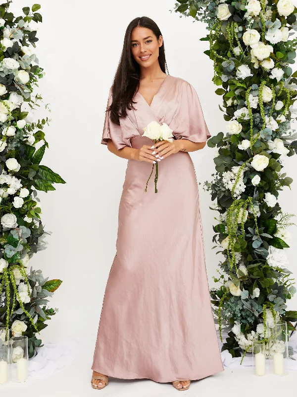 Angel Sleeve Maxi Satin Dress / Blush