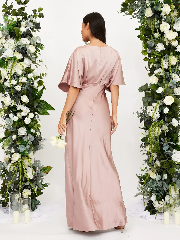 Angel Sleeve Maxi Satin Dress / Blush