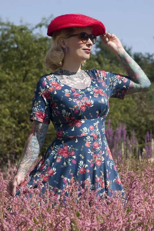 Brenda Floral Dragonfly Blue Dress