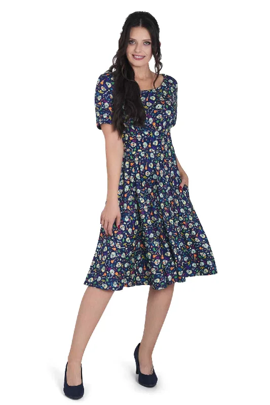 Brenda Navy Blue Flare Dress in Day of the Dead Sugar Skulls