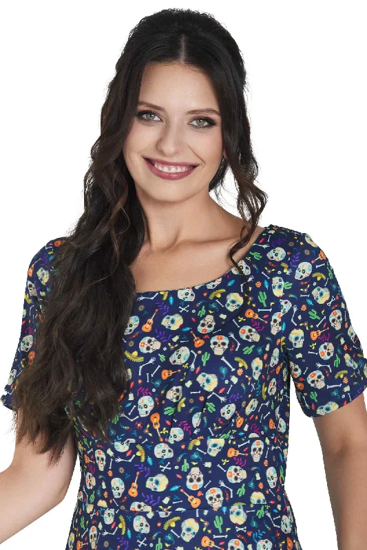 Brenda Navy Blue Flare Dress in Day of the Dead Sugar Skulls