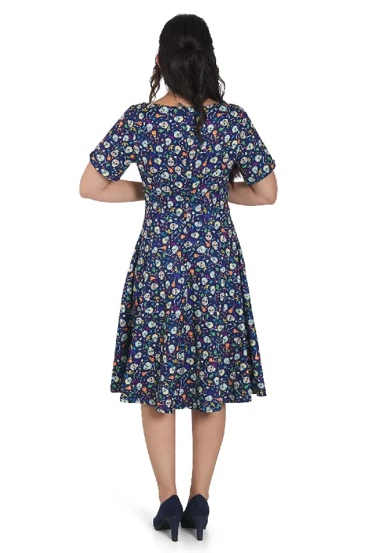 Brenda Navy Blue Flare Dress in Day of the Dead Sugar Skulls