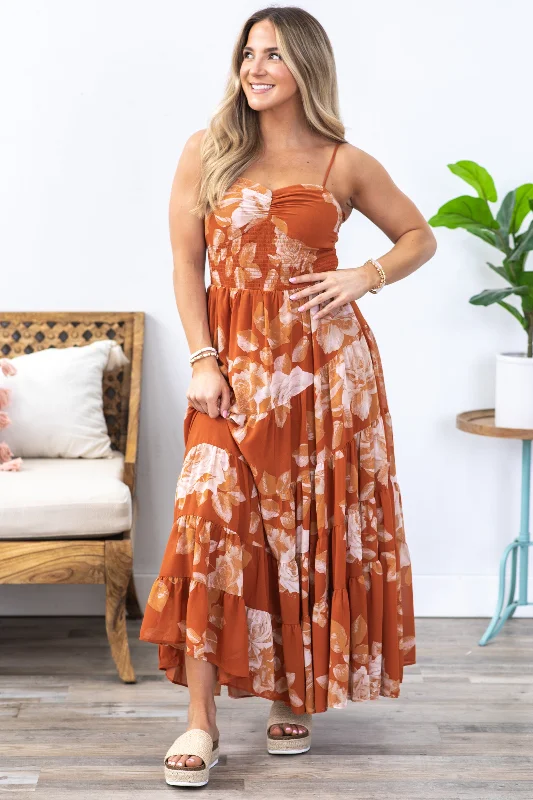 Burnt Orange Floral Spiral Tiered Maxi Dress