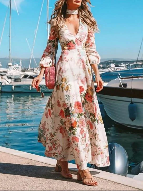 Deep V Neck Long Sleeve Printed Dress