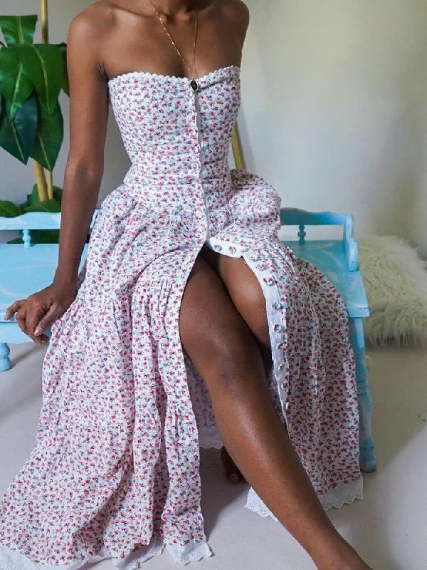 Elegant Floral Print High Waist Tube Top Dress