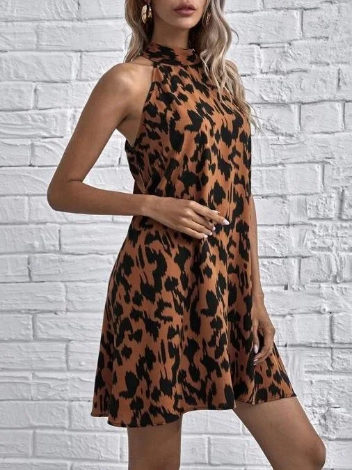 Fashion Leopard Print Sleeveless Halterneck Dress