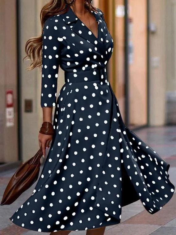 Fashion Polka Dot V-neck Long Sleeve Dress