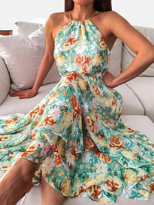 Floral Print Halter Sleeveless Dress