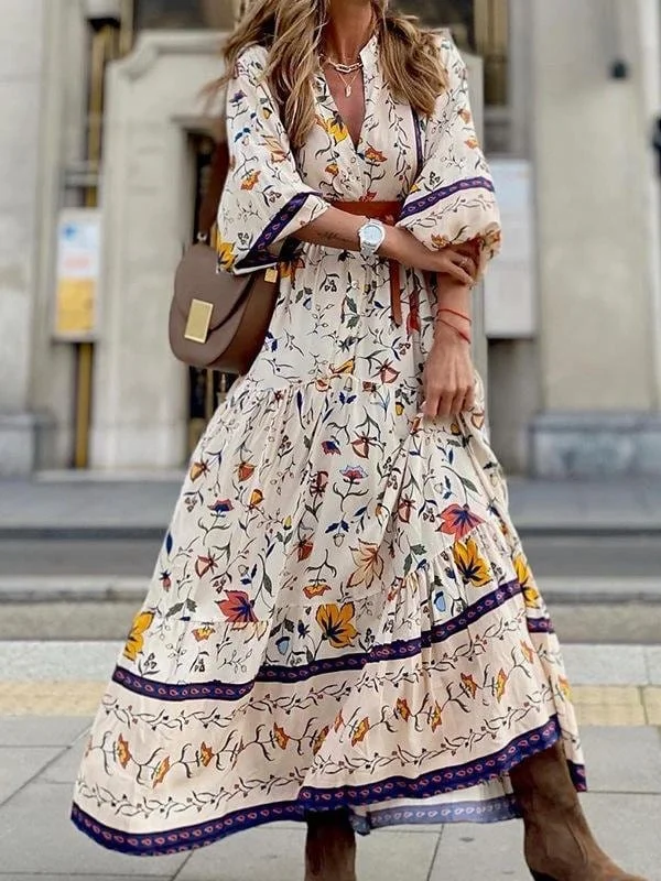 Floral Print V-neck 3/4 Sleeve Bohemian Dress