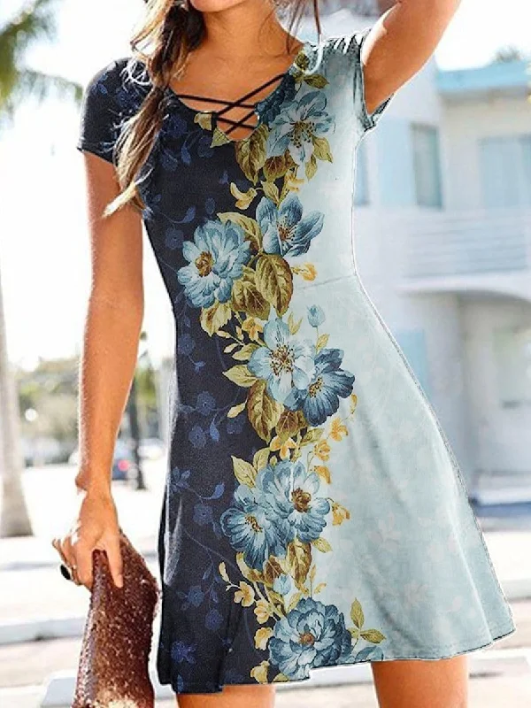 Flower Printed Cut Out V-neck Dress