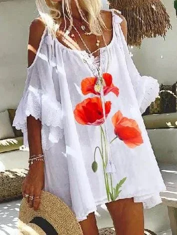 Flower Printed Off-shoulder Mini Dress