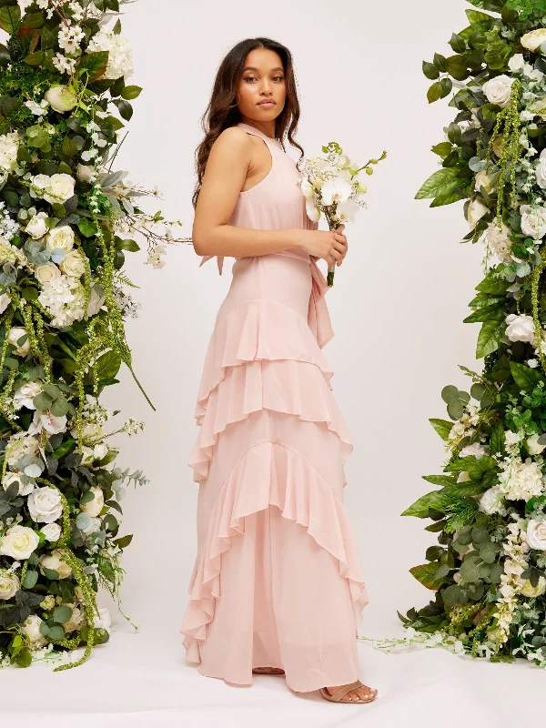 Frill High Neck Maxi Chiffon Dress / Blush