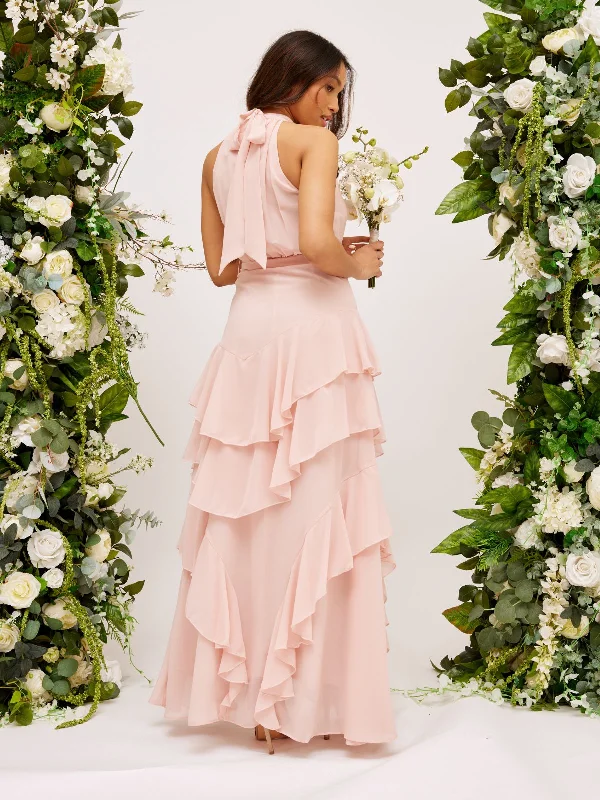 Frill High Neck Maxi Chiffon Dress / Blush