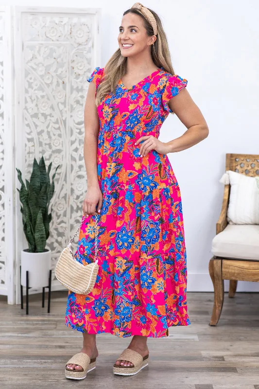 Fuchsia Boho Floral V-Neck Tiered Dress