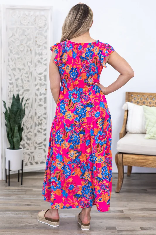 Fuchsia Boho Floral V-Neck Tiered Dress