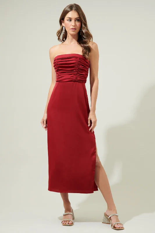 Jocelyn Satin Strapless Ruched Midi Dress