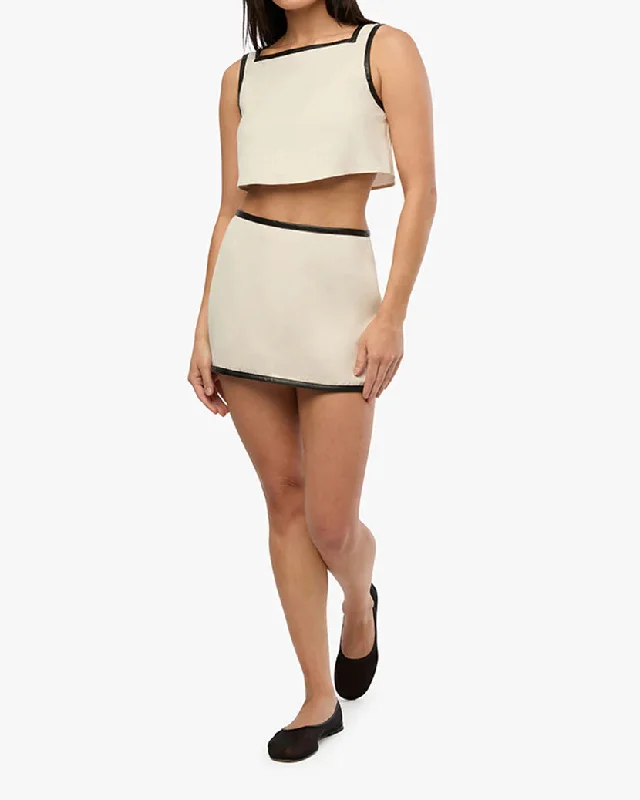 Leather Trim Mini Skirt Ivory Black