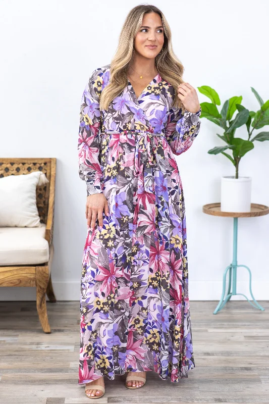 Light Pink Chiffon Print Long Sleeve Maxi