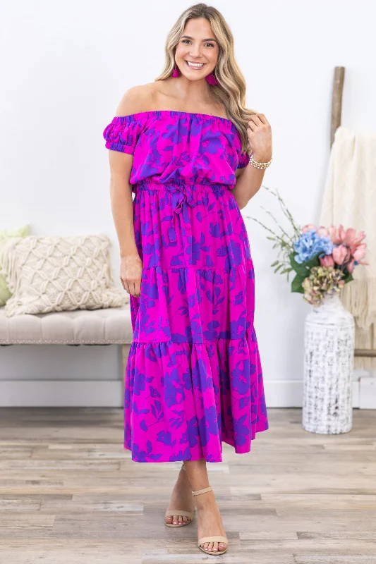 Magenta and Indigo Floral Print Maxi Dress