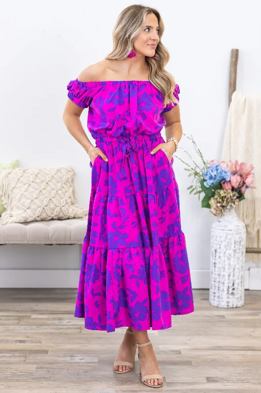 Magenta and Indigo Floral Print Maxi Dress