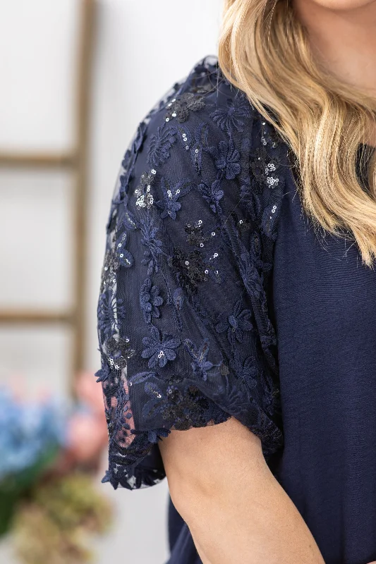 Navy With Sequin Short Sleeve Dress