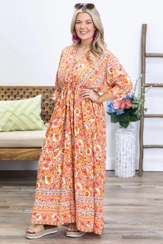 Orange Floral Boho Maxi Dress