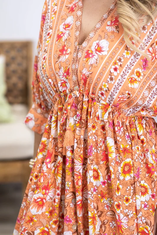 Orange Floral Boho Maxi Dress