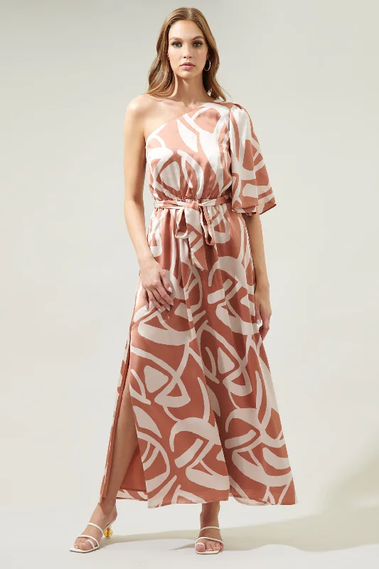 Peachy Keen Abstract Meara One Shoulder Satin Maxi Dress