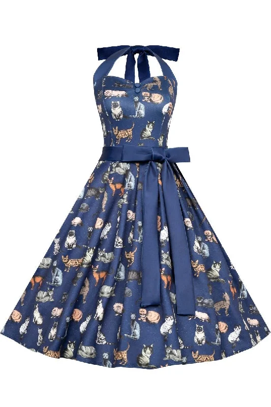 Sophia Halterneck Blue Cat Swing Dress