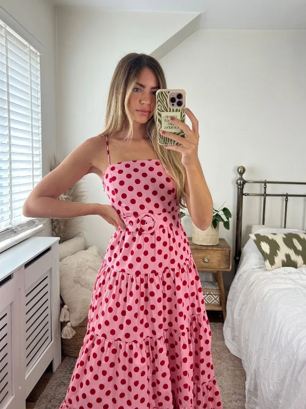 Tillie Bandeau Belted Midi Dress / Pink And Red Spot