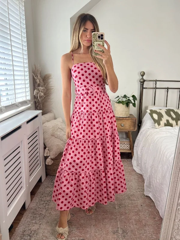 Tillie Bandeau Belted Midi Dress / Pink And Red Spot