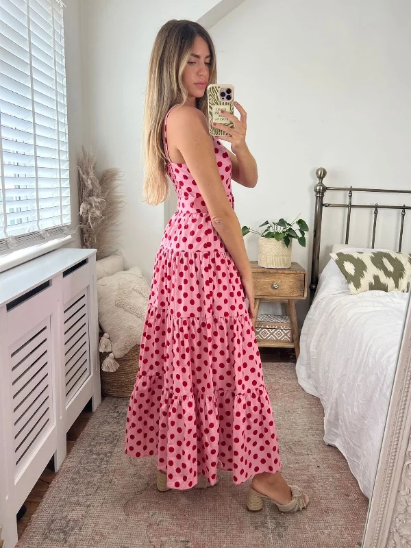 Tillie Bandeau Belted Midi Dress / Pink And Red Spot