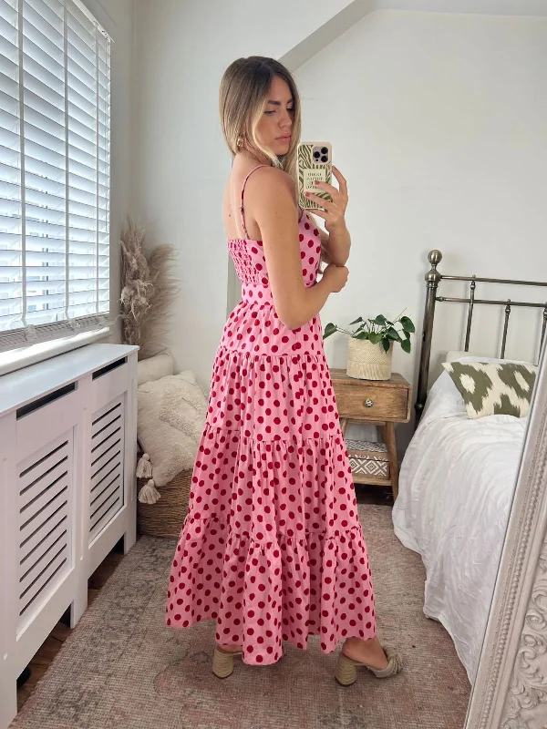 Tillie Bandeau Belted Midi Dress / Pink And Red Spot