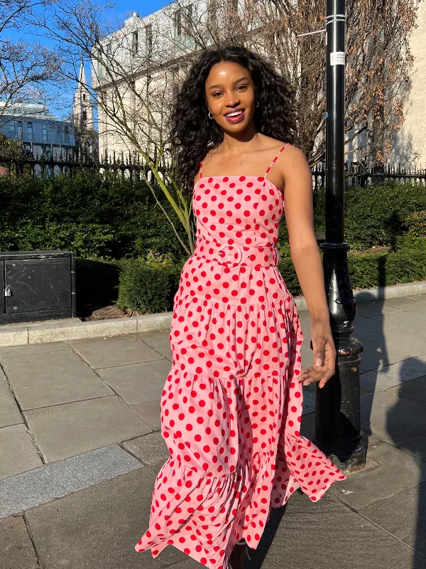 Tillie Bandeau Belted Midi Dress / Pink And Red Spot