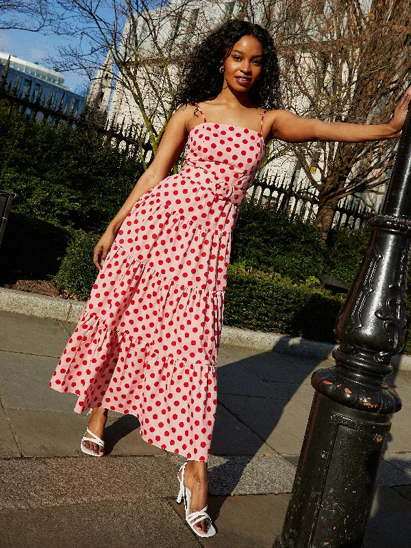 Tillie Bandeau Belted Midi Dress / Pink And Red Spot