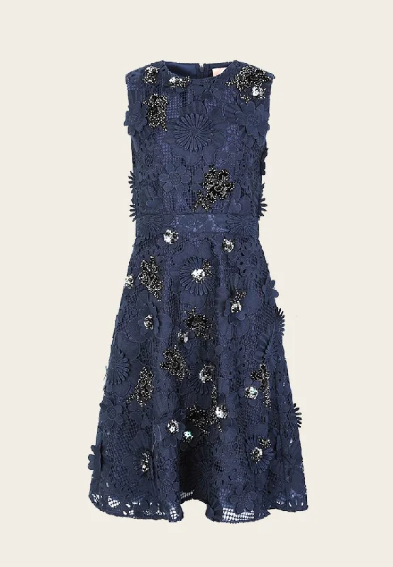 Dark Blue Floral Lace Cocktail Dress