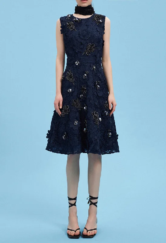 Dark Blue Floral Lace Cocktail Dress