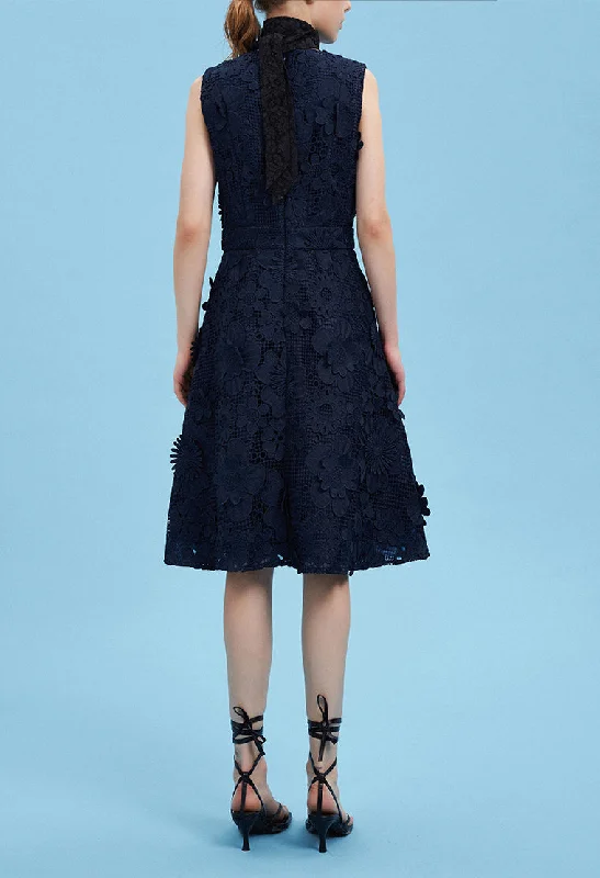 Dark Blue Floral Lace Cocktail Dress