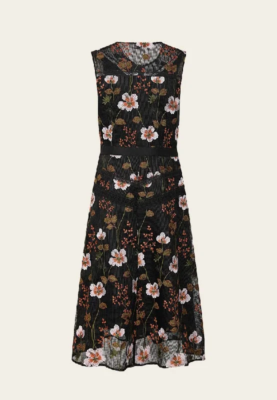 Floral Embroidered Sleeveless Cocktail Midi Dress