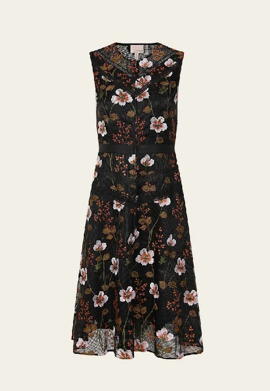 Floral Embroidered Sleeveless Cocktail Midi Dress