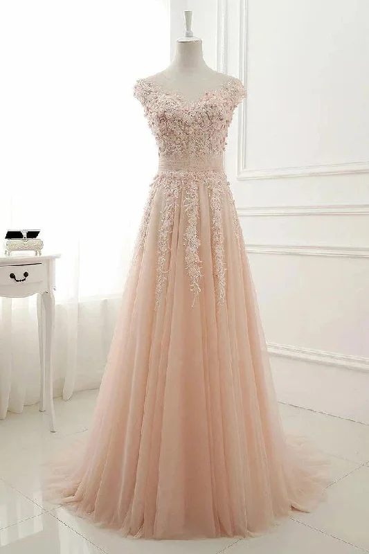 A Line Sheer Neck Cap Sleeves Tulle Prom Dresses, Lace Appliqued Long Formal Dresses M1967