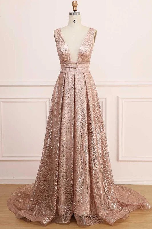 A Line Deep V Neck Long Prom Dress with Sequins, Glitter Sleeveless Evening Dress M1825