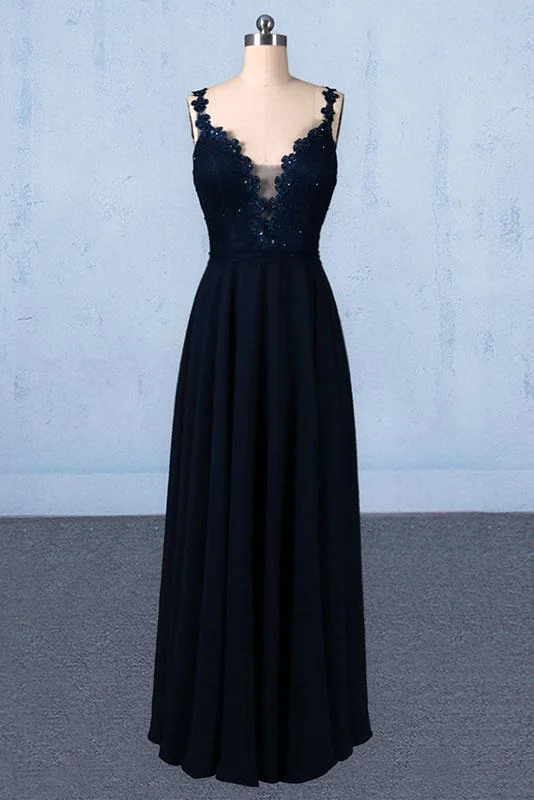 Dark Navy Blue Straps Floor Length Evening Dresses, Long Chiffon Prom Dress with Lace M1832