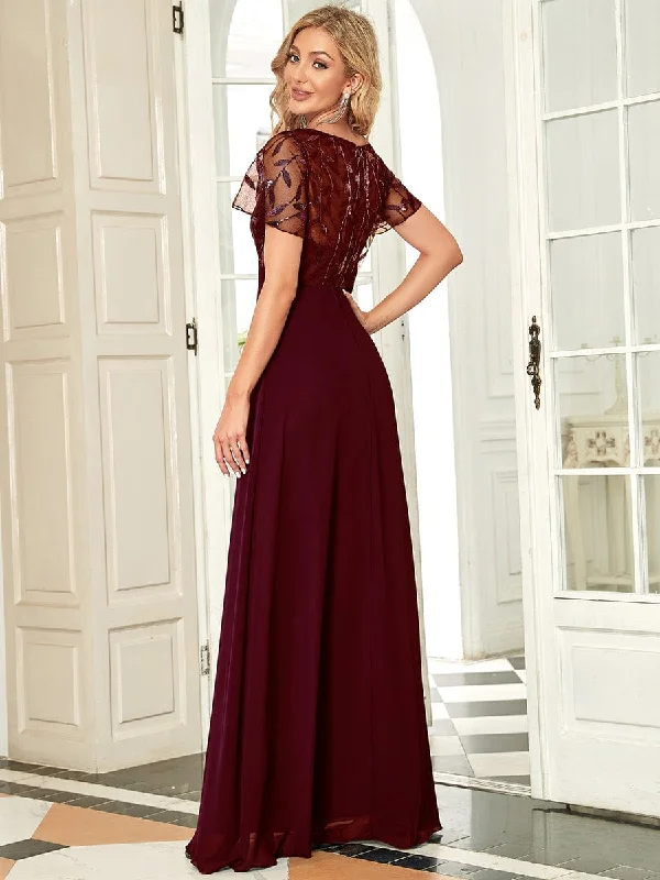 Floral Lace Sequin Print Wholesale Evening Dresses With Cap Sleeve