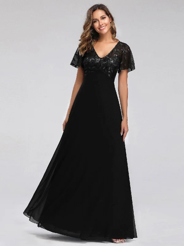 Floral Lace Sequin Print Wholesale Evening Dresses With Cap Sleeve