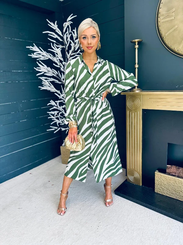 Lena Zebra Shirt Midi Dress Green