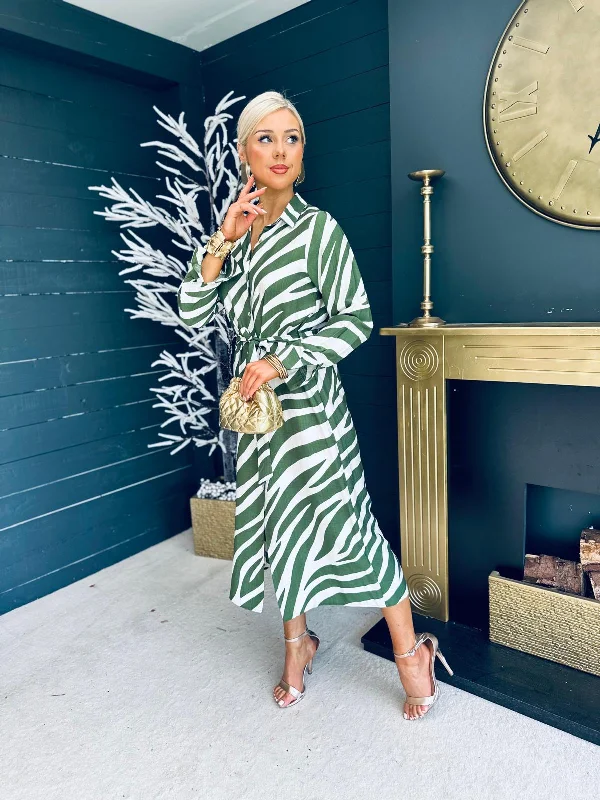 Lena Zebra Shirt Midi Dress Green