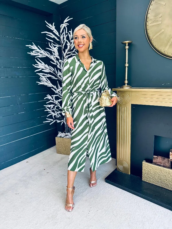 Lena Zebra Shirt Midi Dress Green