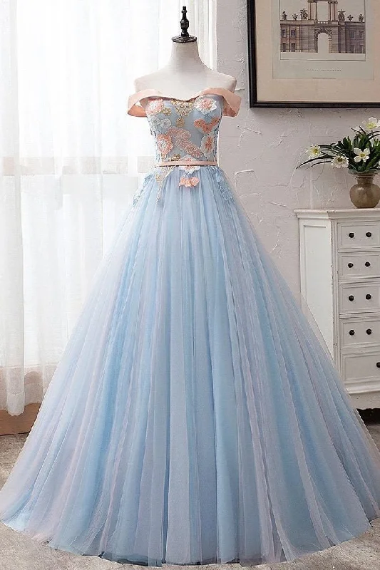 Light Blue Off Shoulder Floor Length Tulle Prom Gown with Appliques, Puffy Long Evening Dress M1865